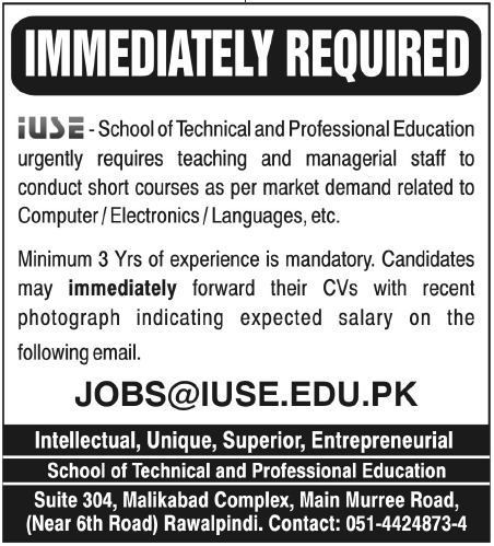 IUSE School of Technical and Professional Education Rawalpindi Required Teaching and Managerial Staff
