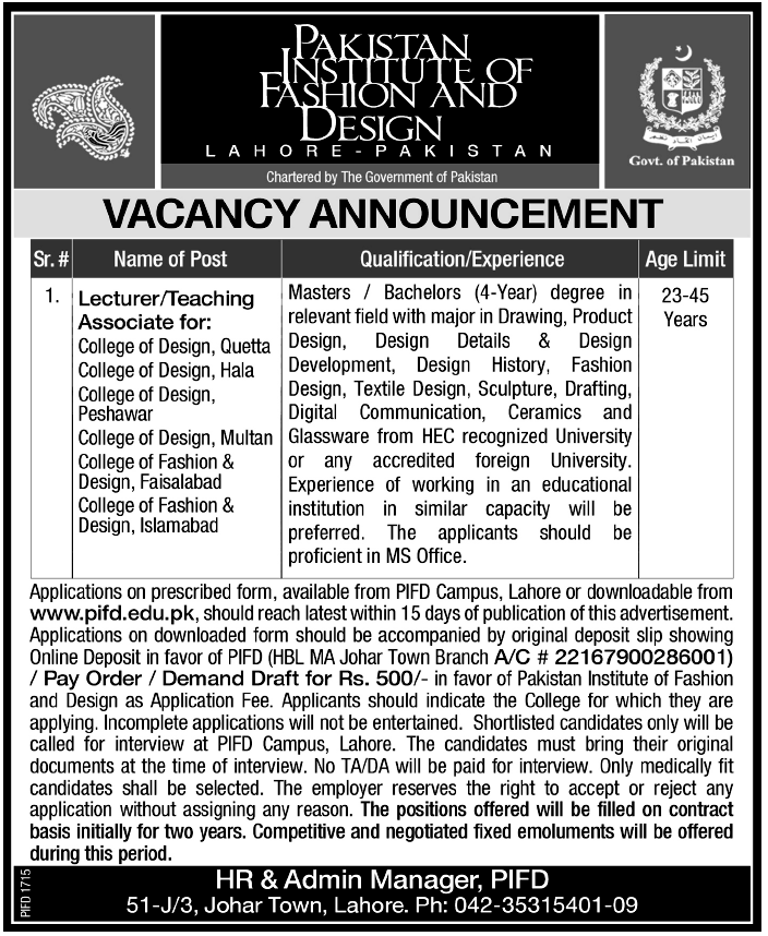Pakistan Institute of Fashion and Design Lahore Required Lecturer/Teaching Associates