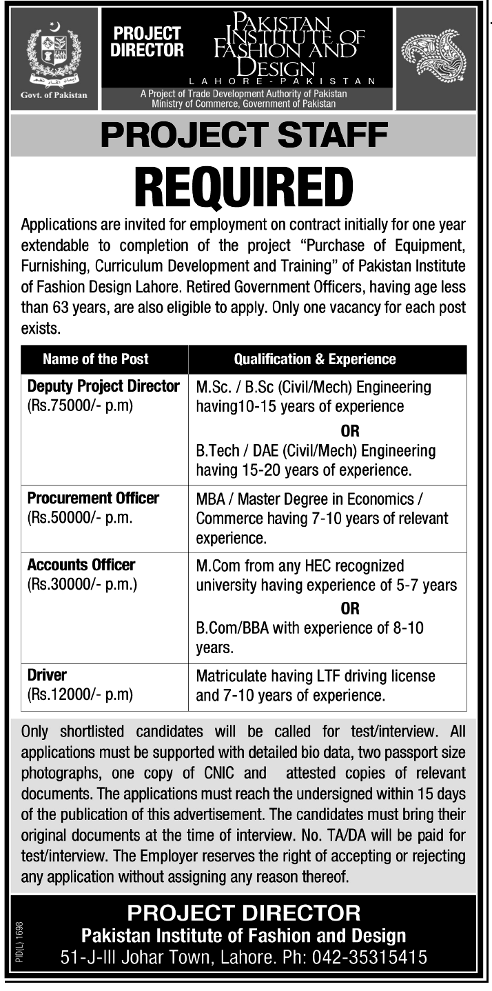 Pakistan Institute of Fashion and Design Lahore Required Project Staff