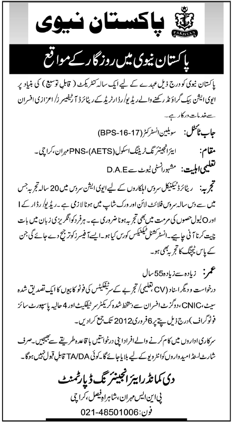Pakistan Navy Required Civil Instructor