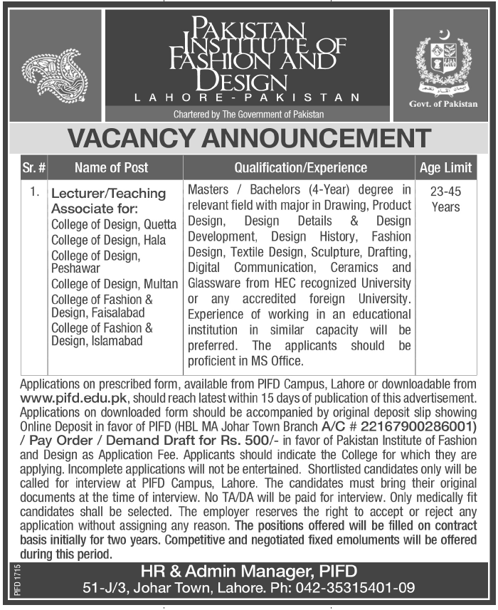 Pakistan Institute of Fashion and Design Lahore Required Lecturer/Teaching Associates