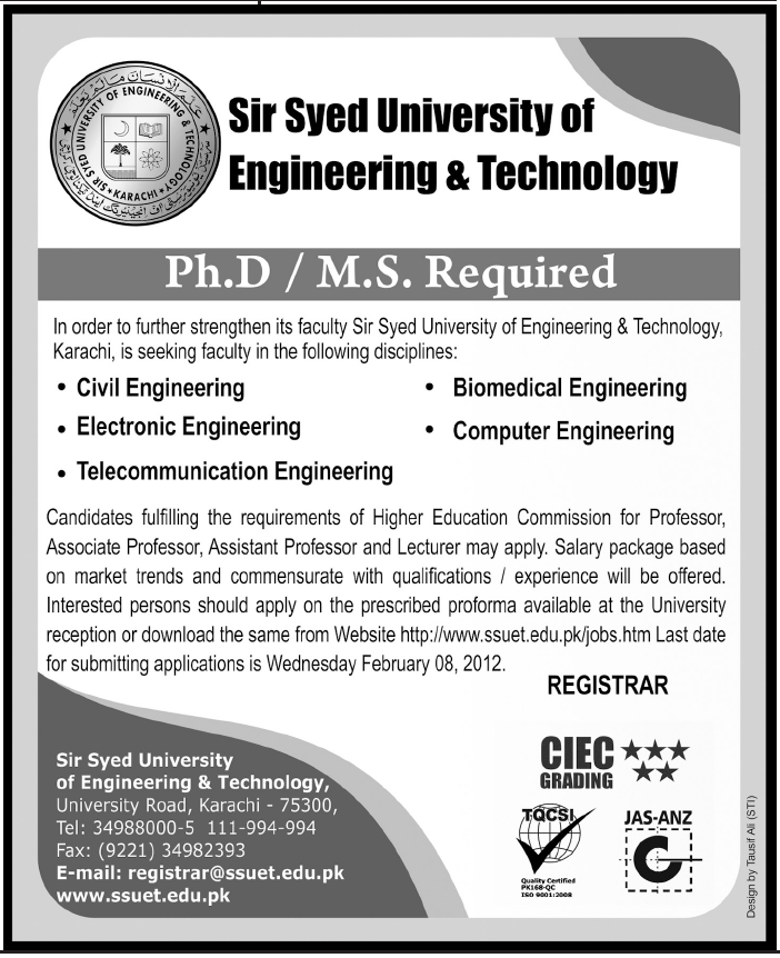 Sir Syed University of Engineering & Technology Required Faculty