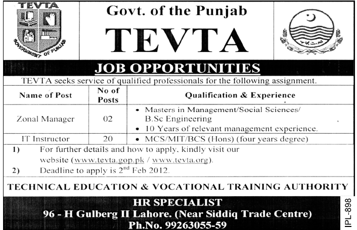 TEVTA Required Zonal Manager and IT Instructor