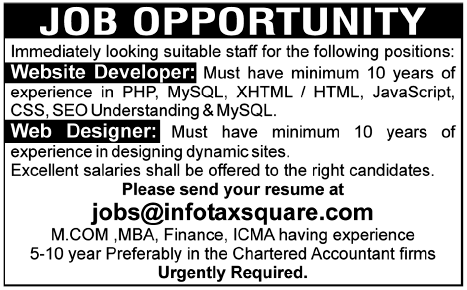 Website Developer and Web Designer Required by Info Tax Square