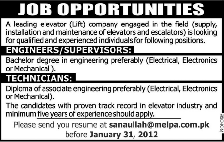 Engineers/Supervisors and Technicians Required by a Elevator (Lift) Company