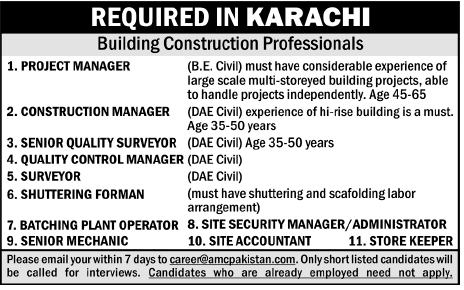 Building Construction Professionals Required in Karachi