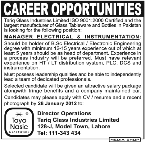 Toyo Nasic Required Manager Electrical & Instrumentation