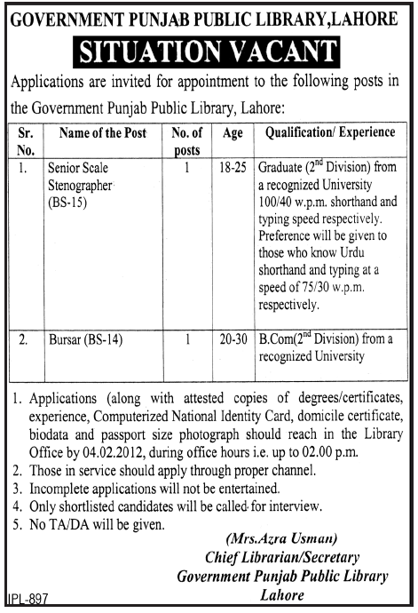 Government Punjab Public Library, Lahore Required Stenographer and Bursar