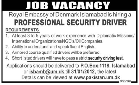 Royal Embassy of Denmark Islamabad Required Security Driver