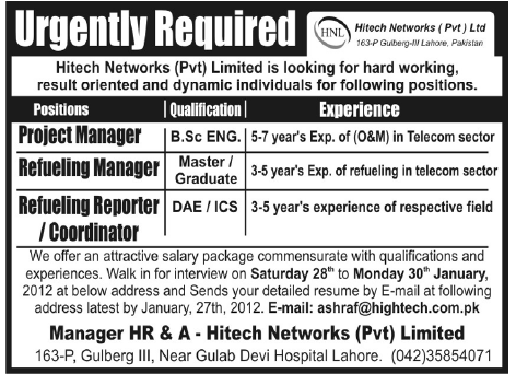 Hitech Networks Pvt Limited Lahore Required Staff