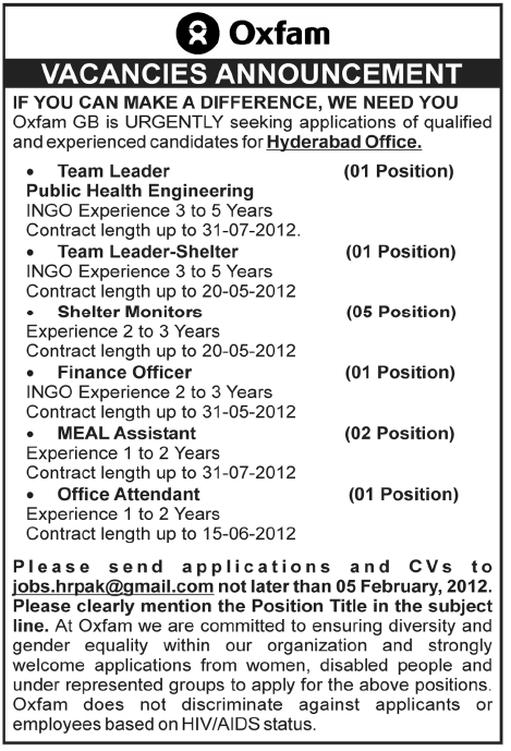 Oxfam Required Staff for Hyderabad Office
