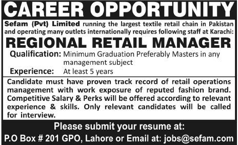 Sefam Pvt Limited Required Regional Retail Manager