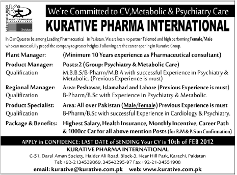 Kurative Pharma International Required Managers and Product Specialist
