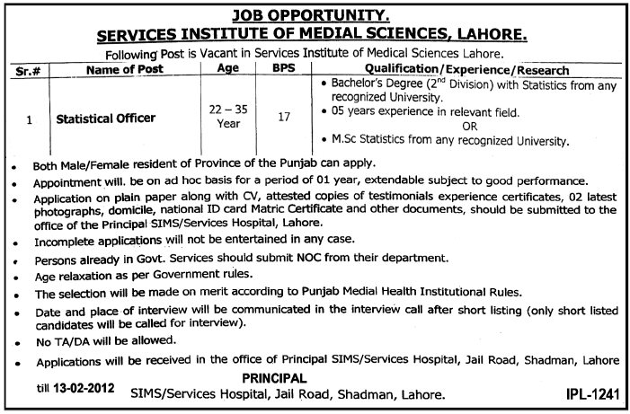Services Institute of Medical Sciences, Lahore Required Statistical Officer