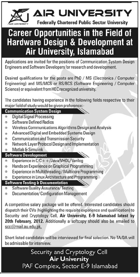 AIR University Islamabad Jobs Opportunity