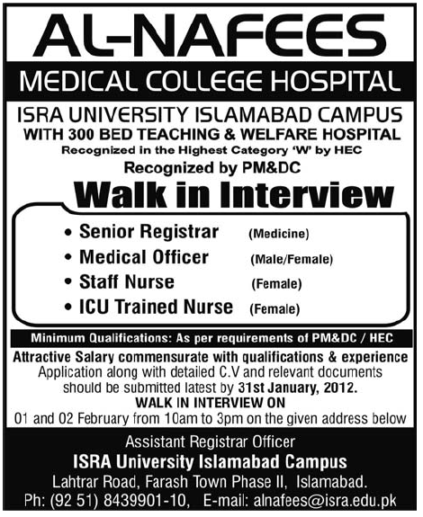 Al-Nafees Medical College Hospital Required Staff