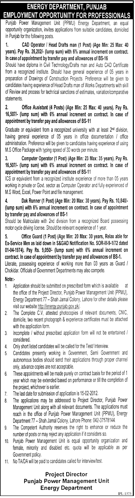 Energy Department, Punjab. Employment Opportunity For Professionals