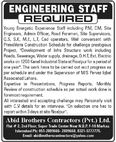 Abid Brothers Contractors Pvt Ltd. Required Engineering Staff
