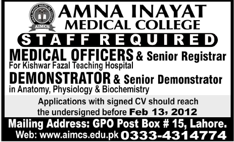 Amna Inayat Medical College Lahore Required Staff