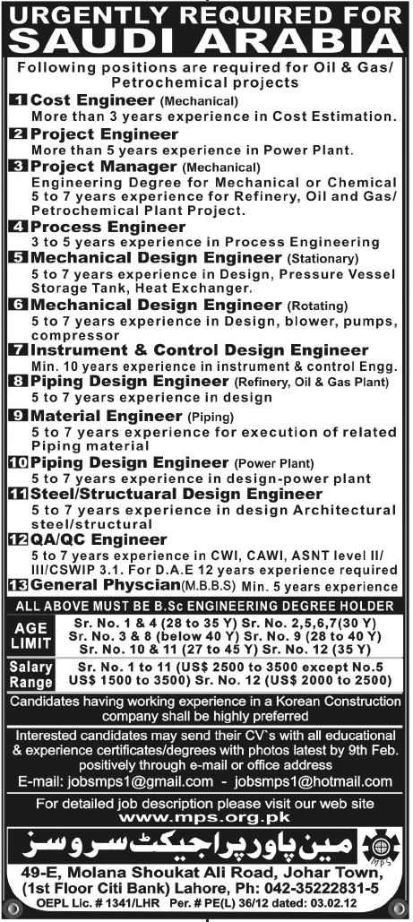 Engineers and Managers Required for Saudi Arabia
