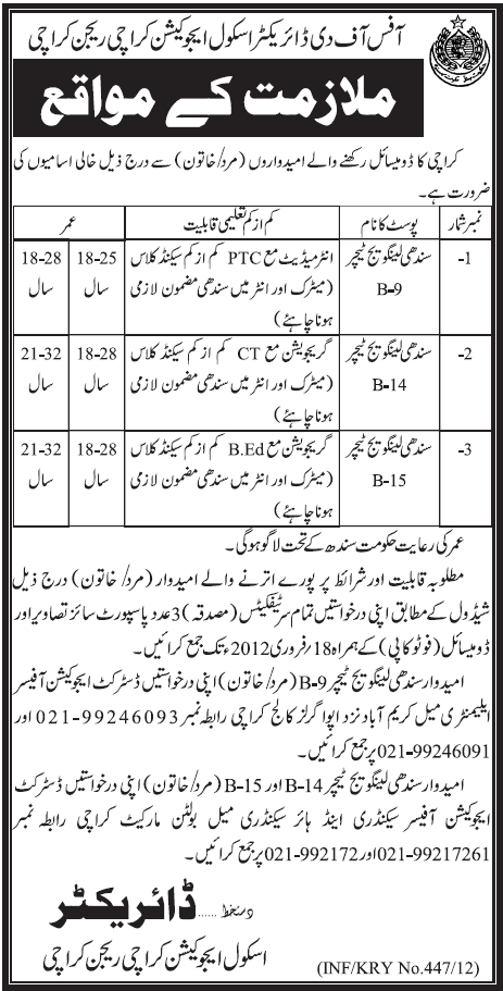 Office of the Directorate Schools Education Karachi Region Required Staff