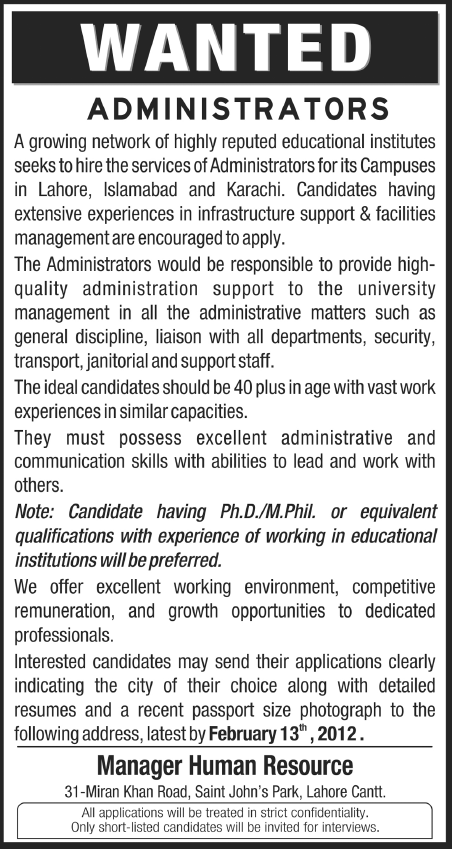 Administrators Required by Educational Institutes