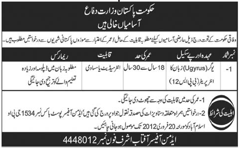 Government of Pakistan, Ministry of Defence Required Ugyrus (Language) Interpretor