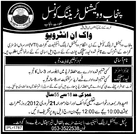 Punjab Vocational Training Council Required Job Opportunity