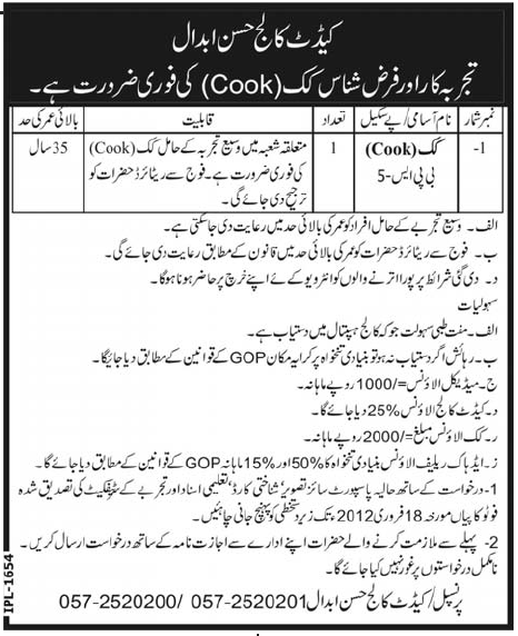 Cadet College Hasan Abdal Required Cook