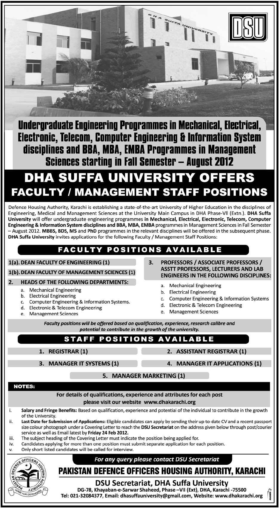 DHA Suffa University Required Faculty and Management Staff