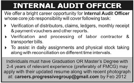 Internal Audit Officer Required in Karachi