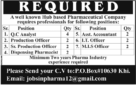 Hub Based Pharmaceutical Company Required Staff