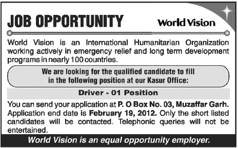 World Vision Required Driver for Kasur Office