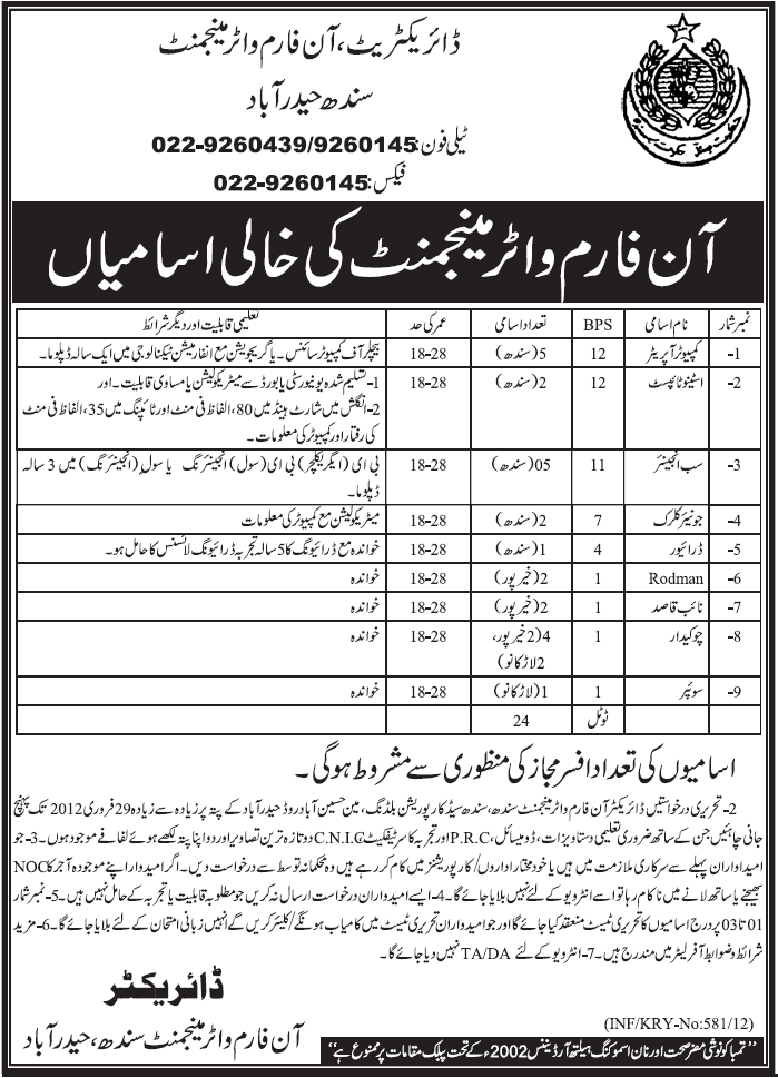 On Farm Water Management, Government of Sindh Jobs Opportunity
