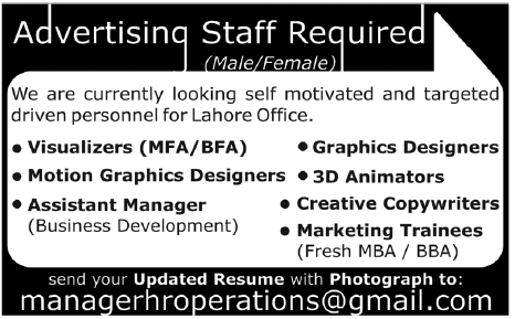 Advertising Staff Required in Lahore