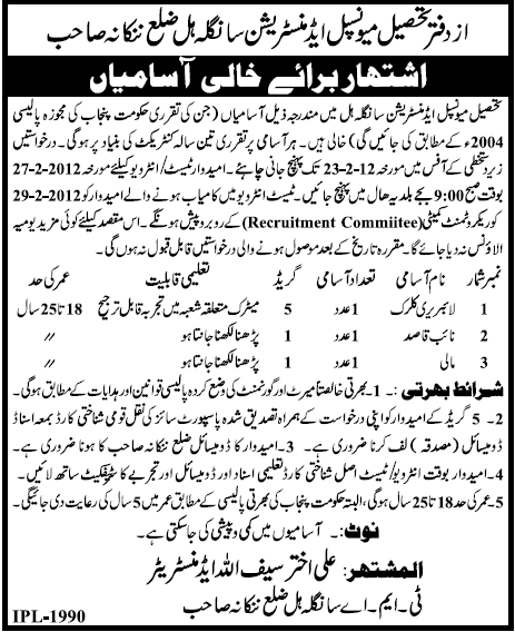 Office Tehsil Municipal Administration Sangla Hill, District Nankana Sahib Jobs Opportunity