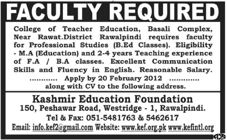 Kashmir Education Foundation Required Faculty