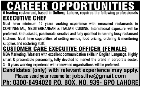 Executive Chef and Customer Care Executive Officer (Female) Required by a Restaurant in Lahore