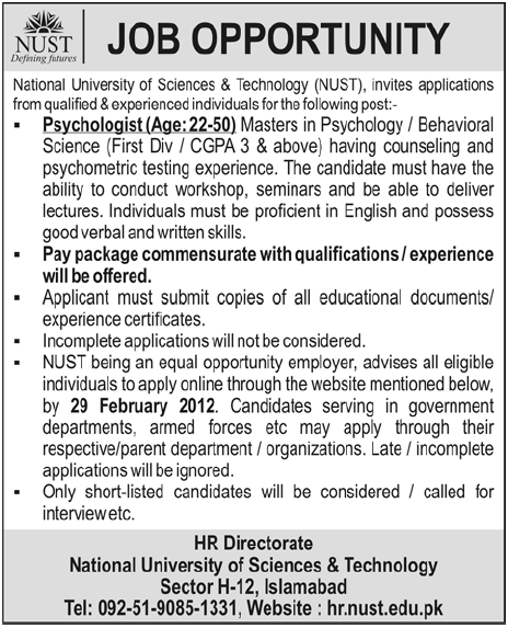 NUST Required the Services of Psychologist