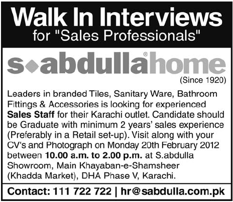 S. Abdulla Home Required Sales Professionals