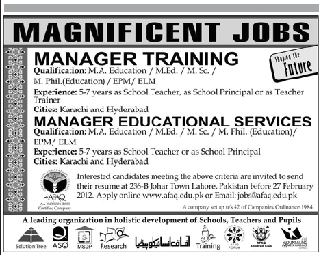 Manager Training and Manager Educational Services Required in Hyderabad and Karachi