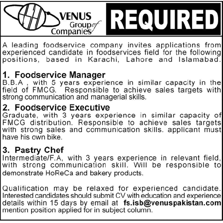 Venus Group of Companies Required Staff