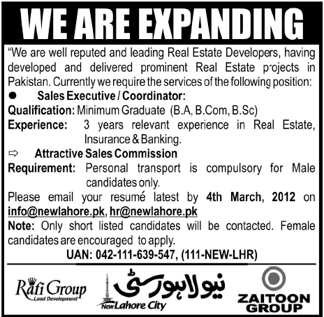 New Lahore City Required Sales Executive/Coordinator