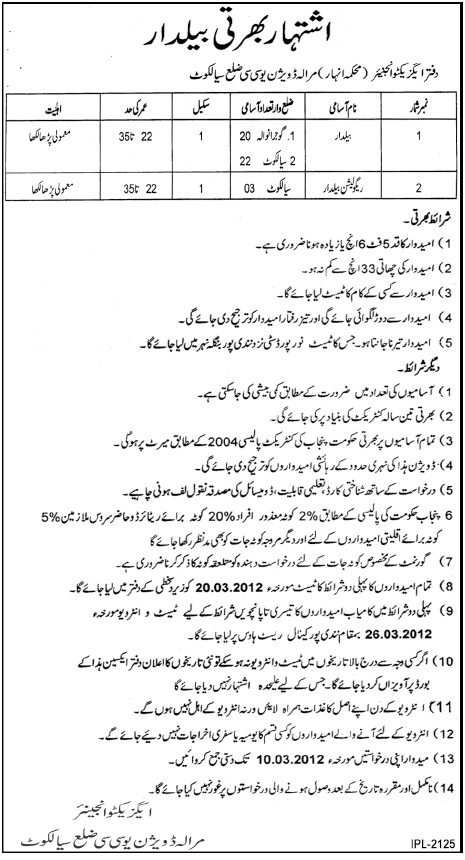 The Office of Executive Engineer, Marhala Division UCC District Sialkot Required Baildars