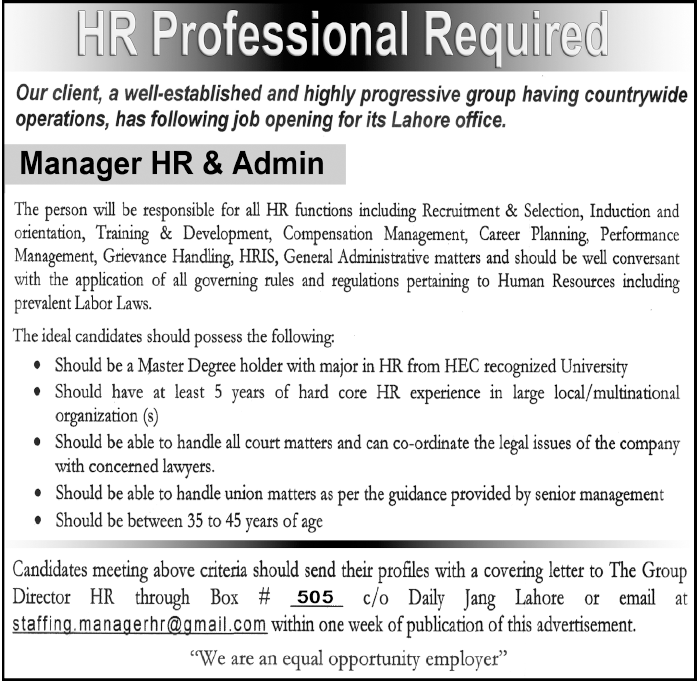 Manager HR & Admin Required in Lahore