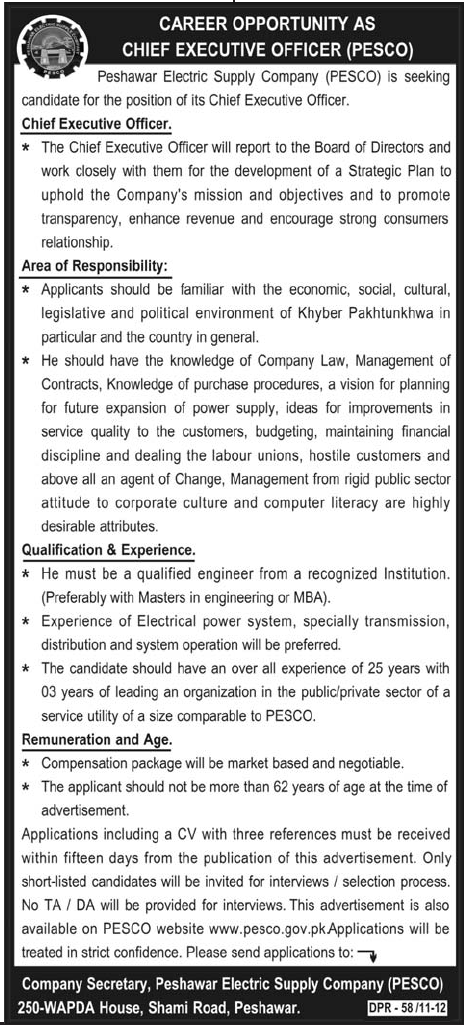 Peshawar Electric Supply Company (PESCO) Required the Services of Chief Executive Officer