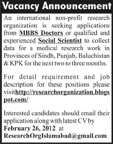 MBBS Doctors and Social Scientist Required by an International Research Organization