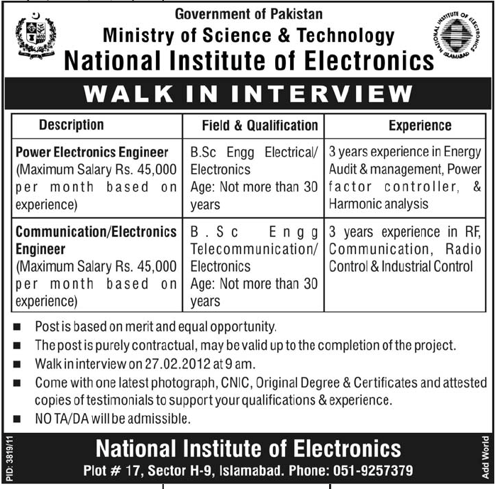 National Institute of Electronics Required Engineers