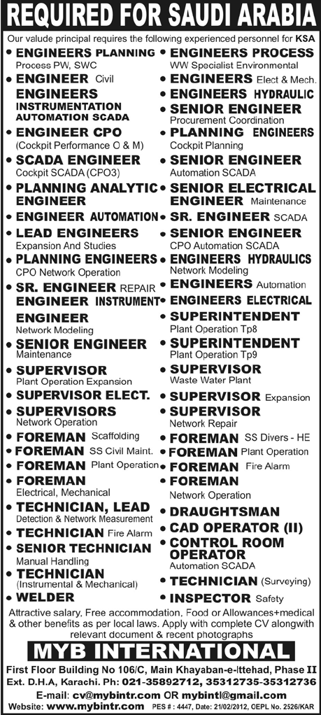 Engineers and Technician Required for Saudi Arabia
