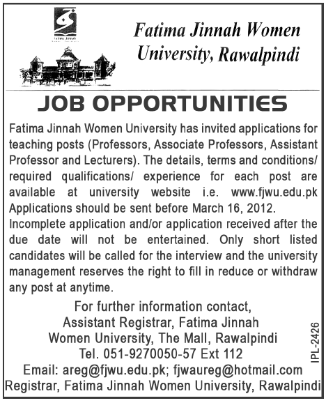 Fatima Jinnah Women University, Rawalpindi Jobs Opportunity